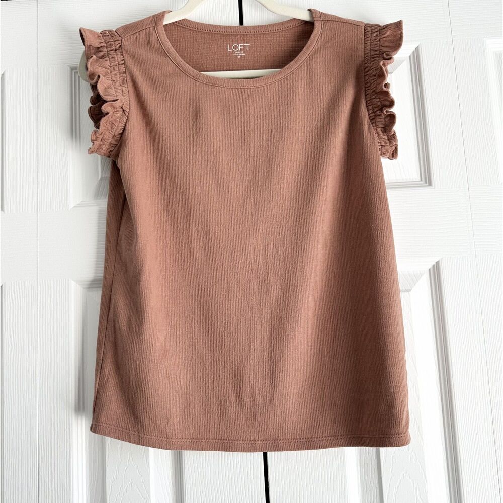 LOFT Short Sleeve Shirt Size XS Dusty Rose Textured Knit Ruffle Sleeve Top